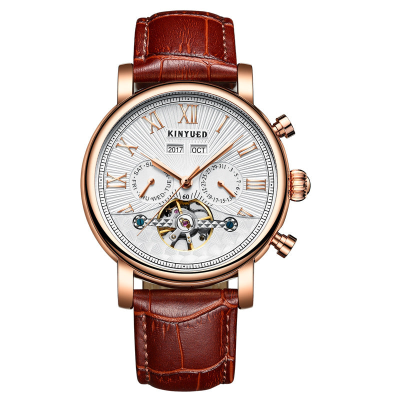 Montre mécanique automatique en cuir véritable homme Hollow Out