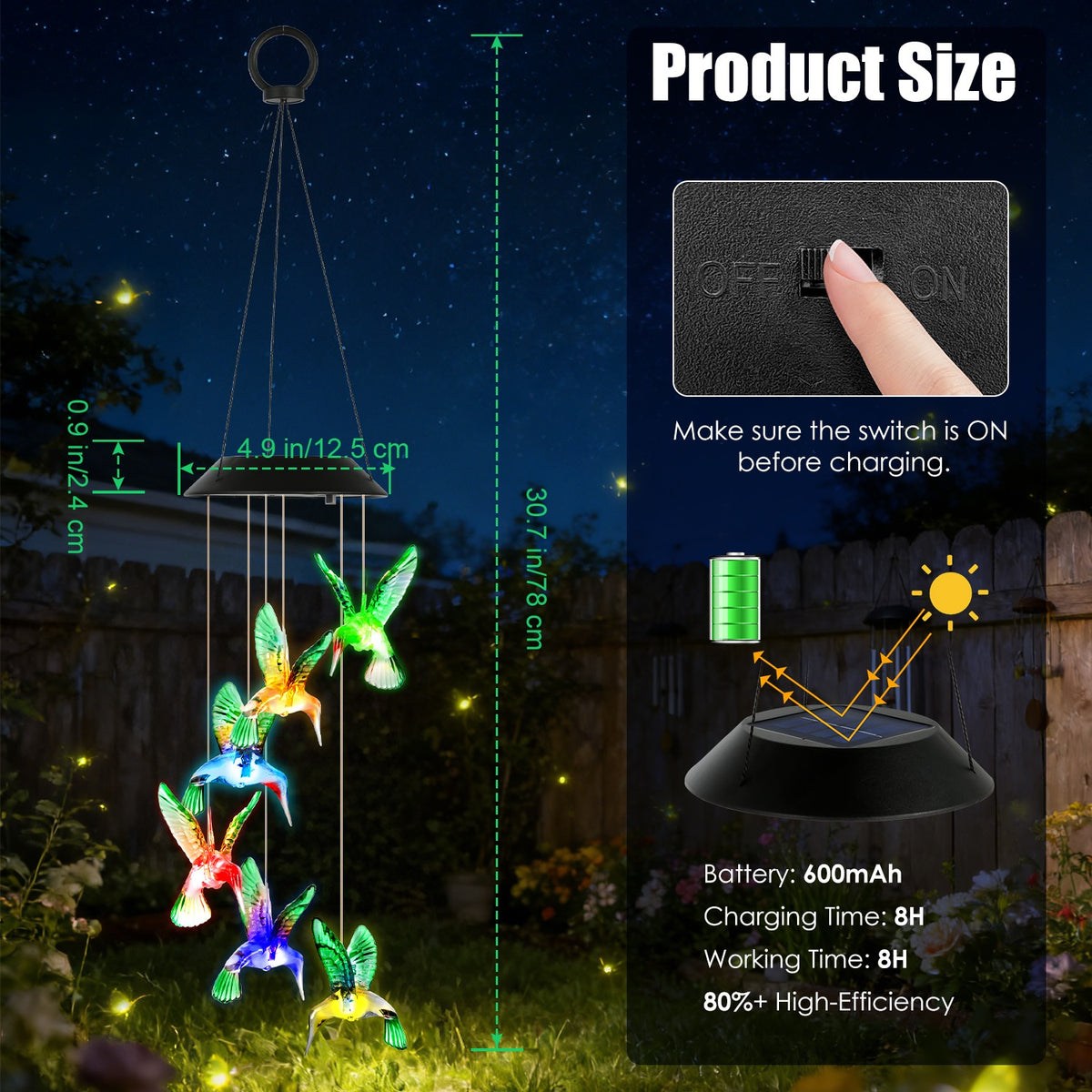 2Pcs Solar Hummingbird Wind Chime 7 Couleur Changement de souffle Chime pour l'extérieur IPX4 Imperméable