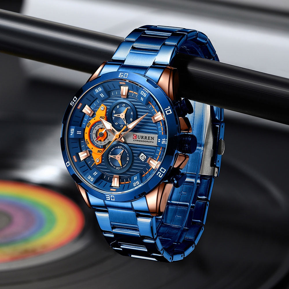 Montre à quartz ronde à six mains en acier
