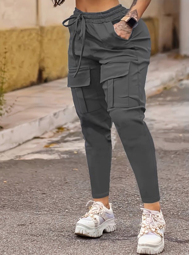 Pantalons de fret haute taille pour femmes Drawstring Multi Poches Stretchy Pantalons Casual Fashion verss
