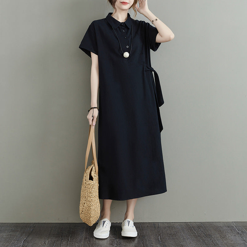 Japonaise Solid Color Coton et Lin Lapel Manches courtes Robe décontractée de poche pour femmes
