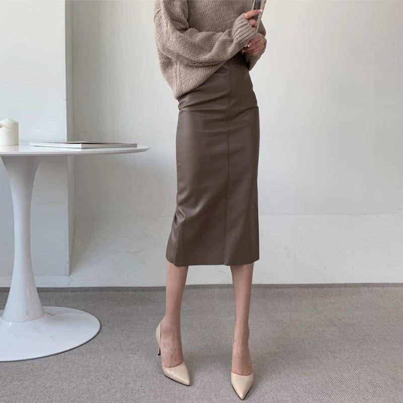 Haute taille droit dos Slit jupe Midi Drape Une-step Hip Jupe