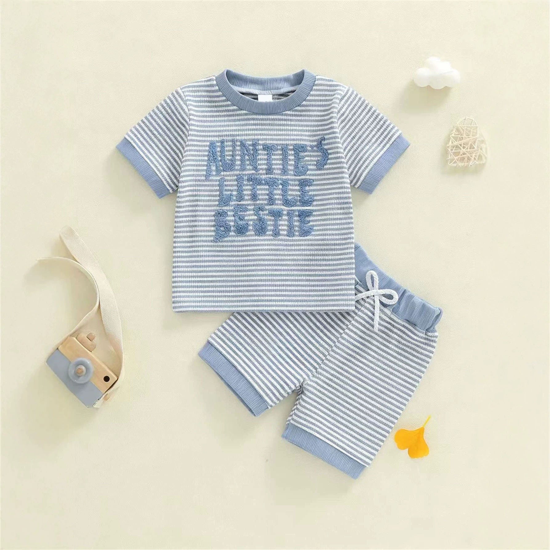 Casual rayé Waffle-knit Lettre-brodé manches courtes et shorts