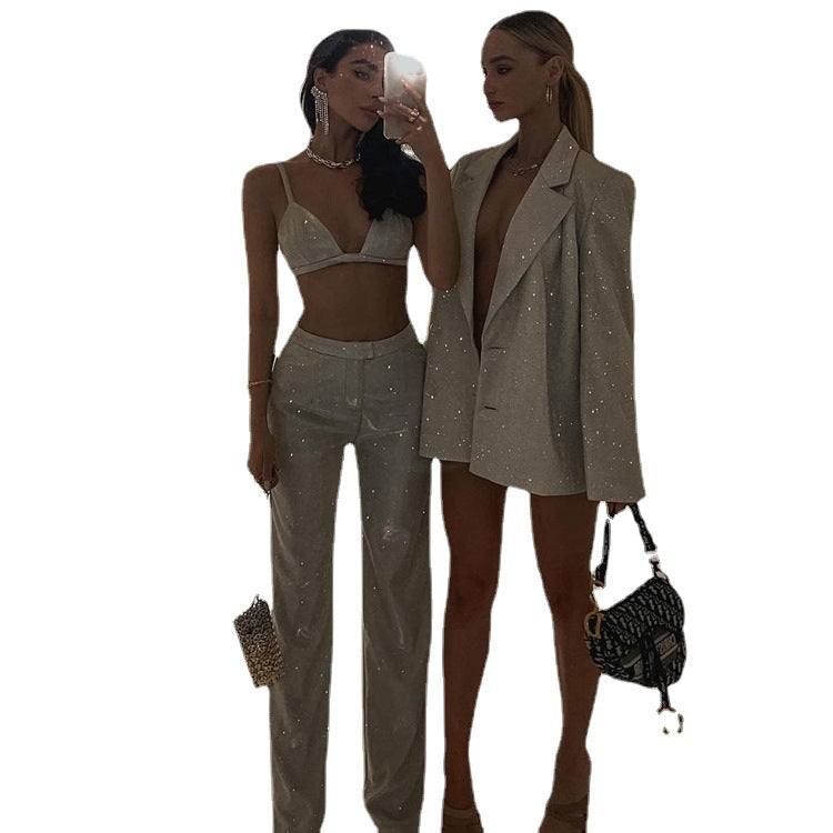 Camisole Slim Straight High Waist Pantalons Street Glitter Jacket Night Club costume