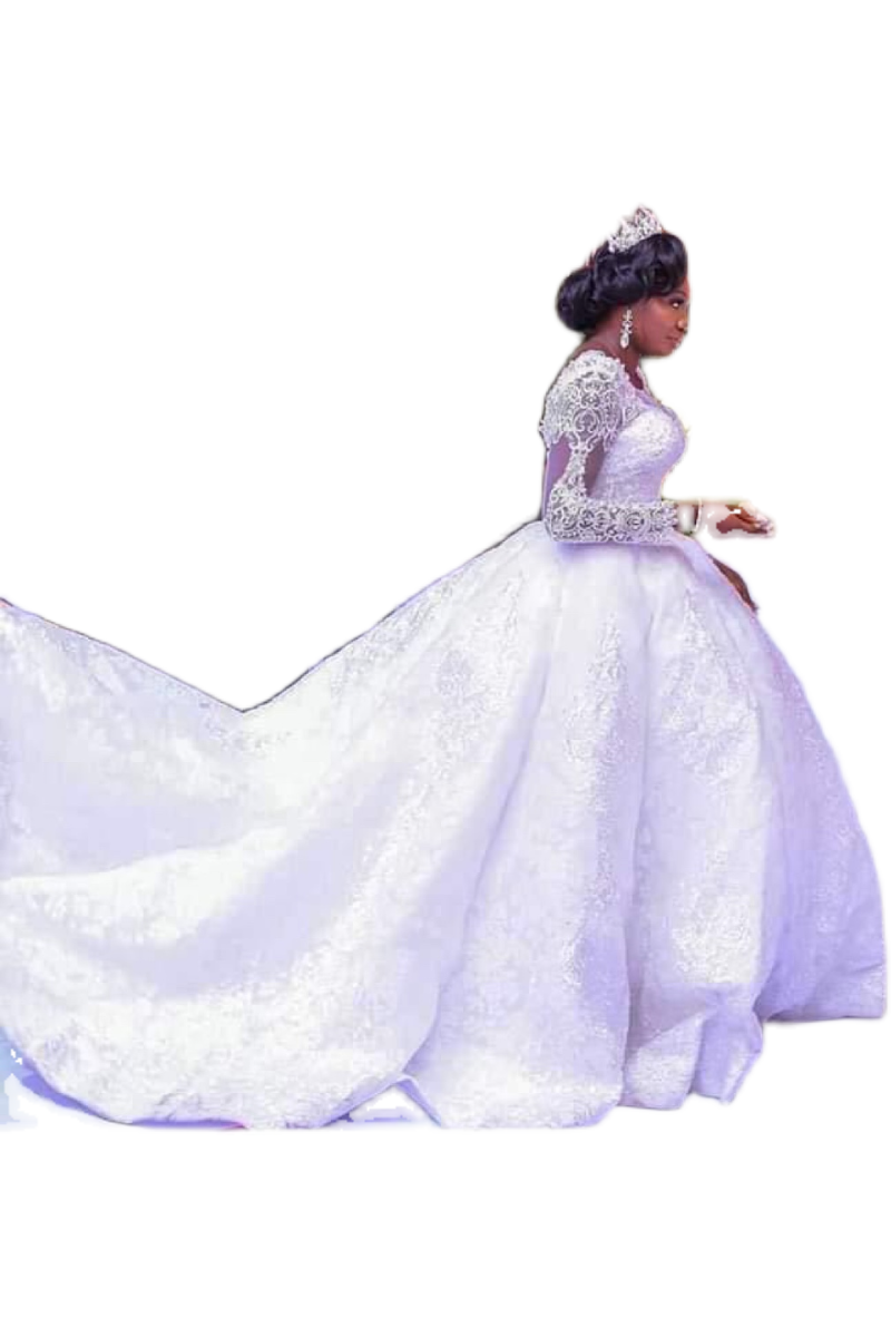 Dentelle Robe de mariée africaine Manches longues Col rond Grande Jupe Tutu