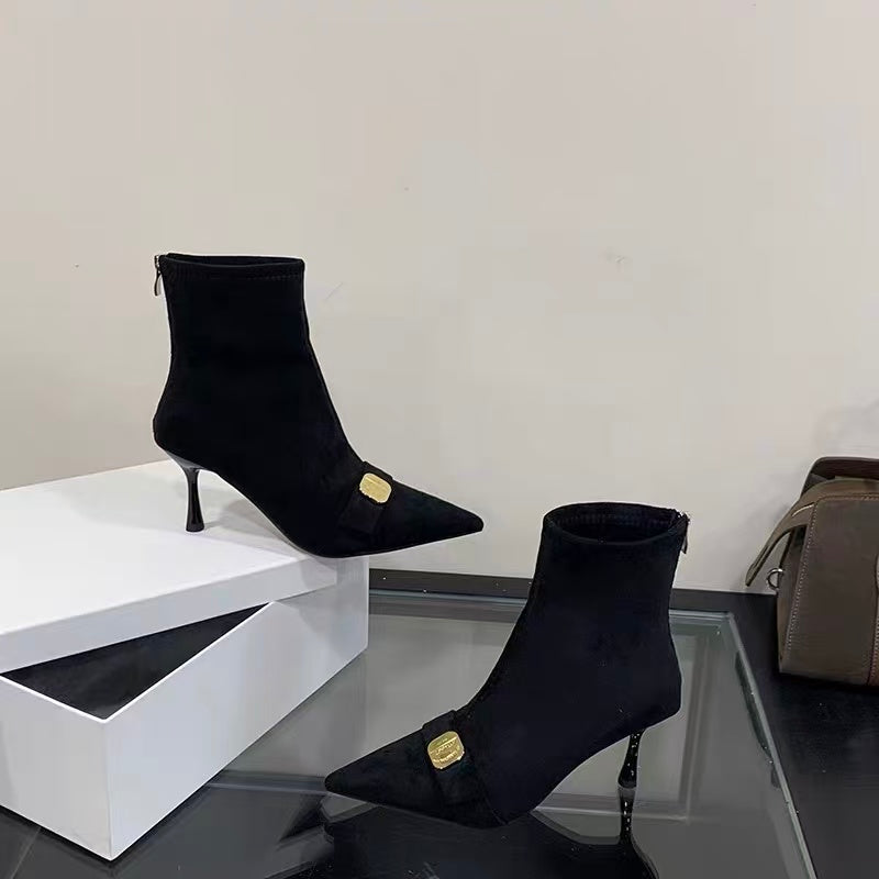 Femmes Pied pointu orteil noir Haut talon Bottes de cheville en métal français Boucle élastique Slim Fit Bottes