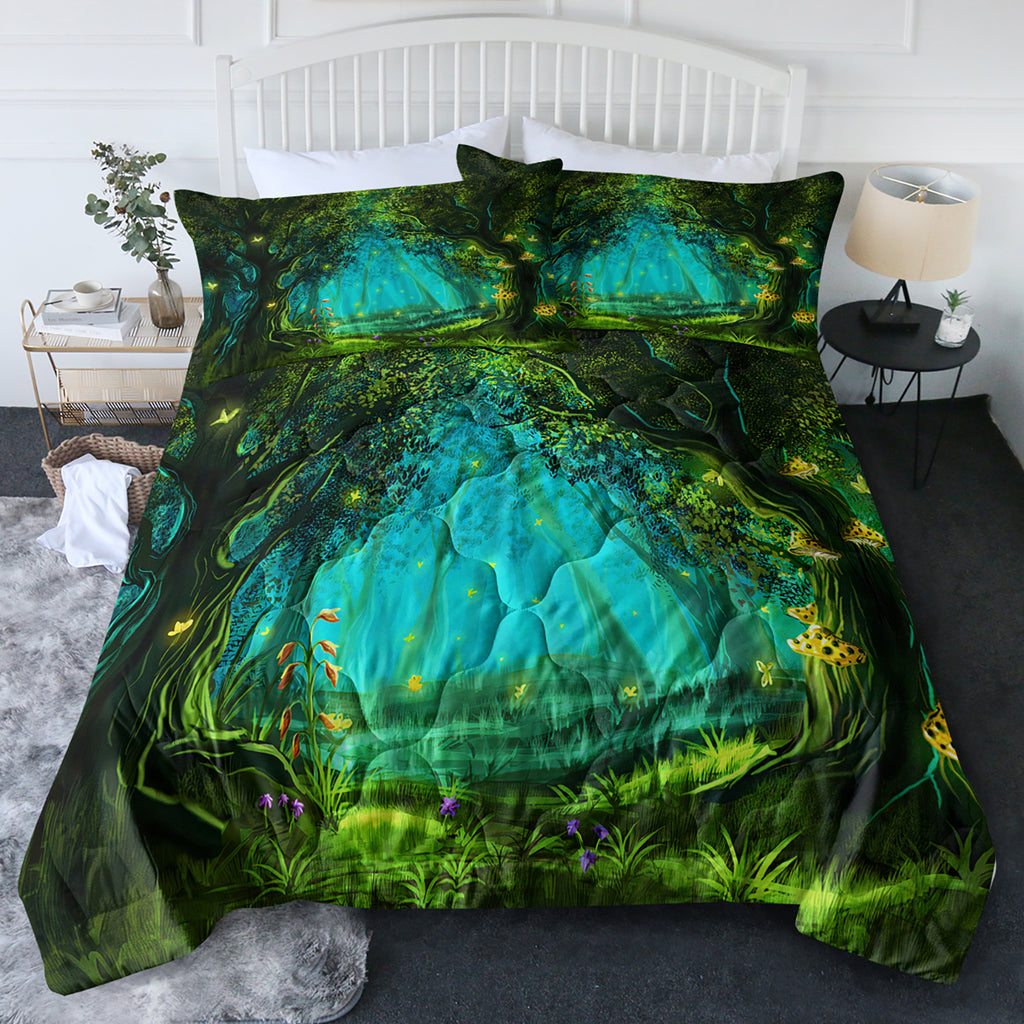 3pcs Green Light Forest Comforter Set Natural Comfort Bedding Couette Jeu Summer Quilt Set