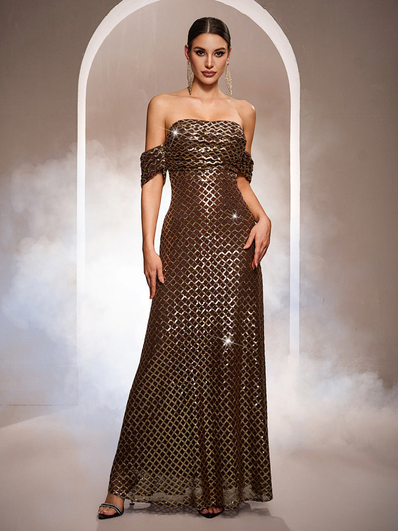 Sans manches Hors-l'épaule Bodycon Sequined A-line Gown du soir
