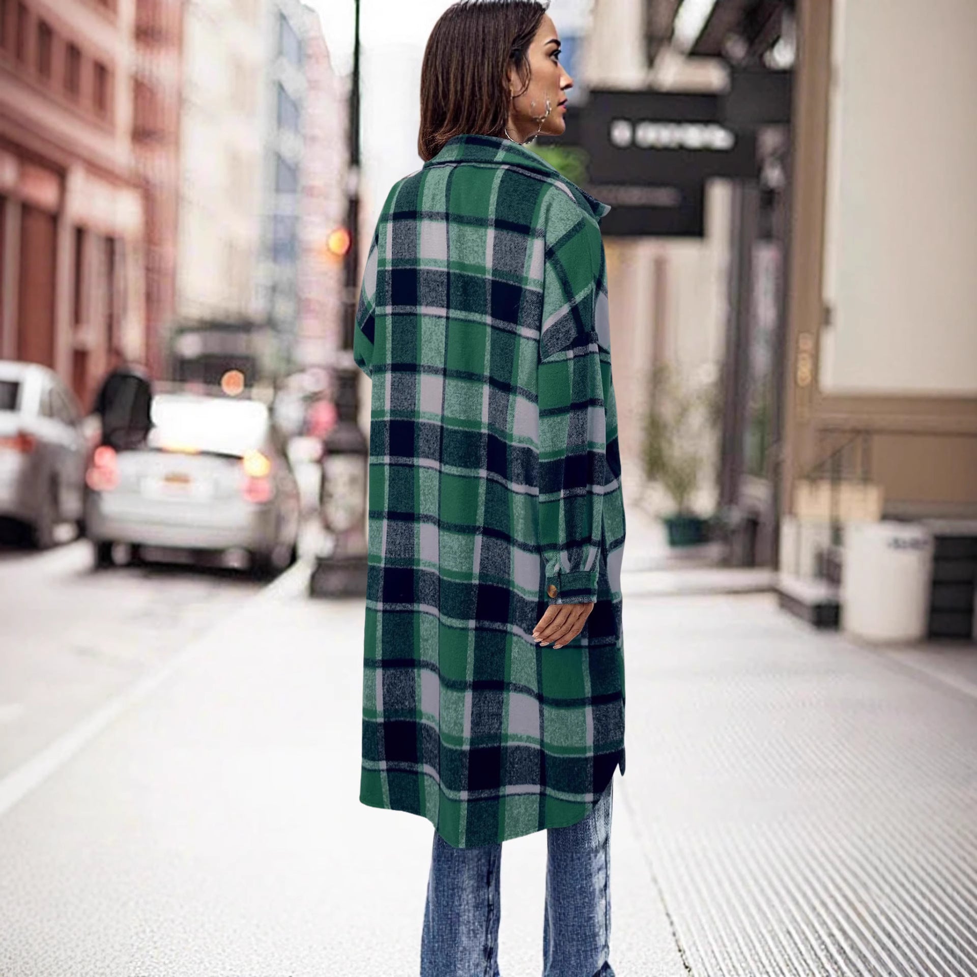 AutomneHiver Lapel Drop-Shoulder Casual Plaid Shirt avec poches de patch