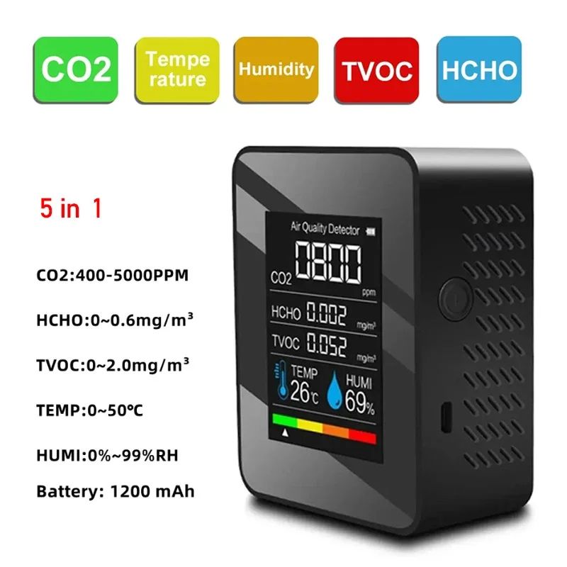 Détecteur de formaldéhyde noir Testeur multifonctionnel de la qualité de l'air CO2 TVOC Température Humidi