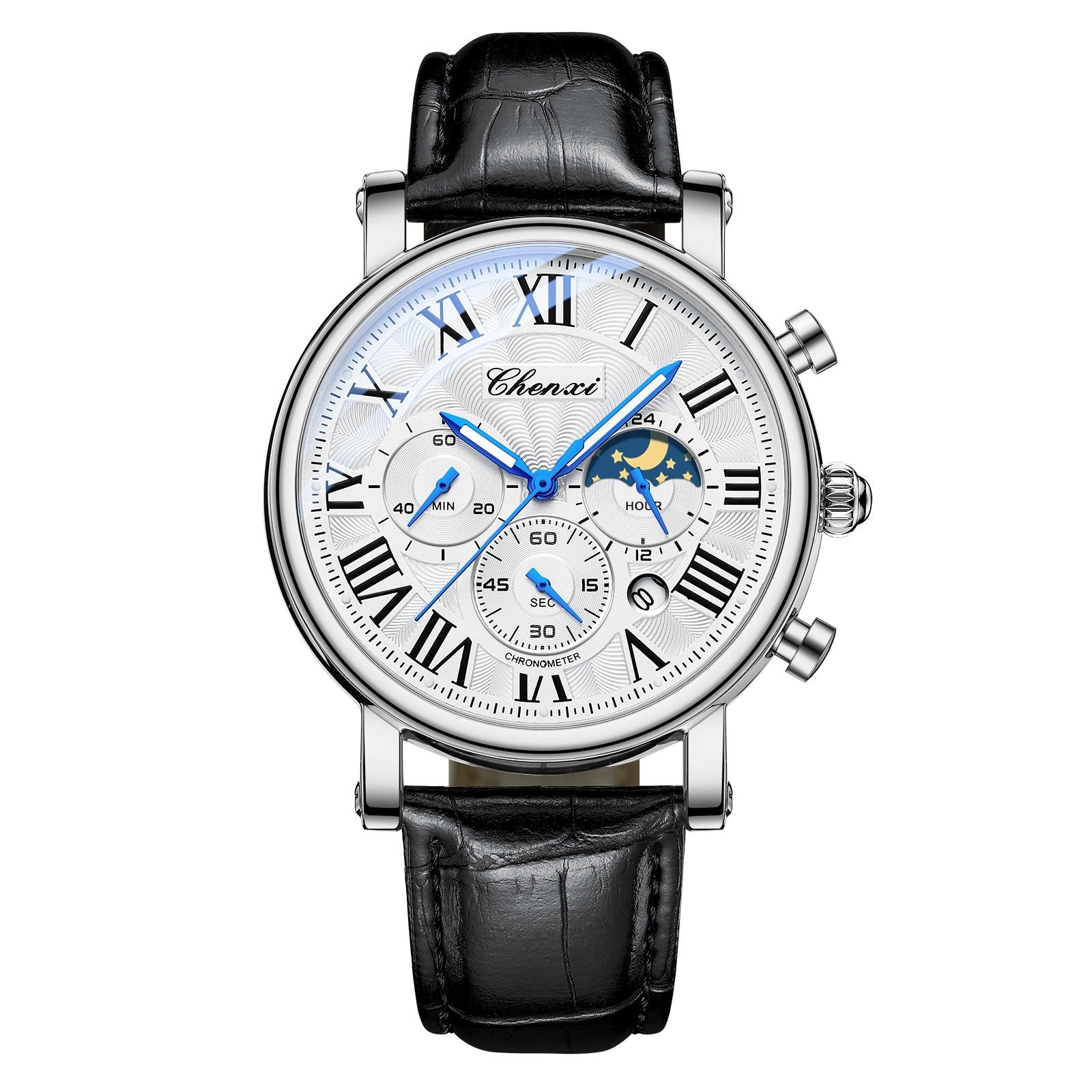 Multifonctionnel Hommes Business Moon Phase Calendrier Waterproof Watch