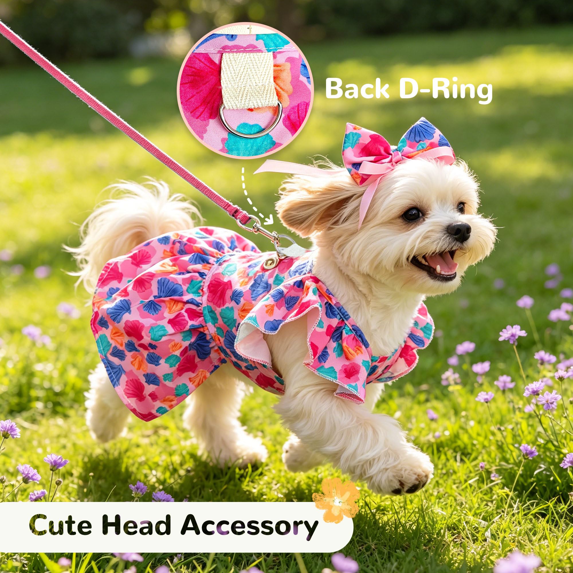 Mignon Floral Petit Chien Harness Habille avec Bow & Leash D-Ring