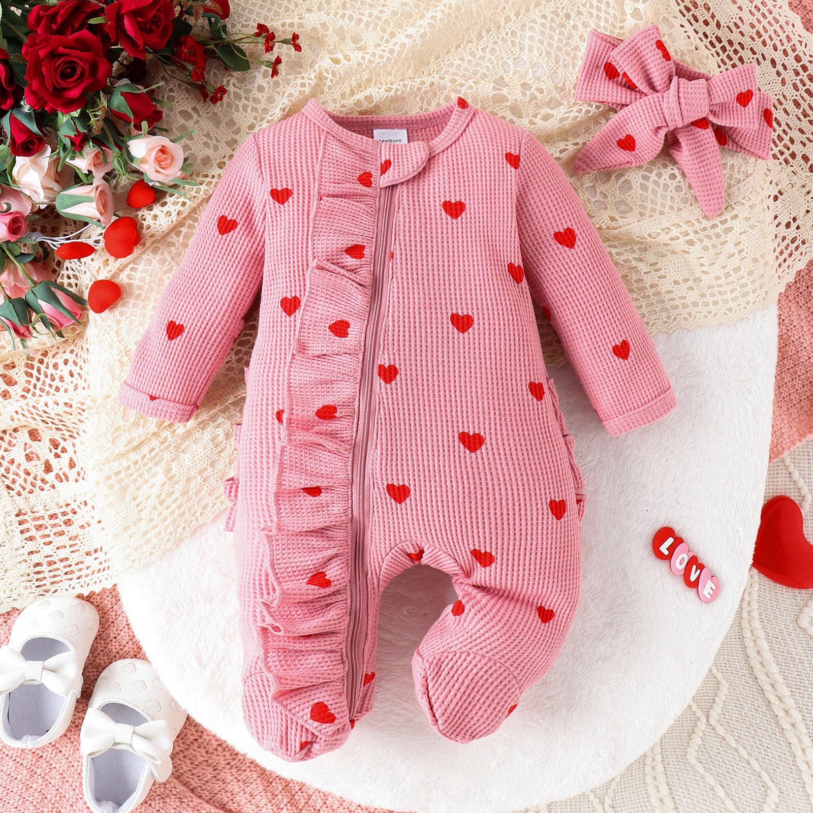 Empreinte cardiaque Jeu de bandeau Zip-up Onesie