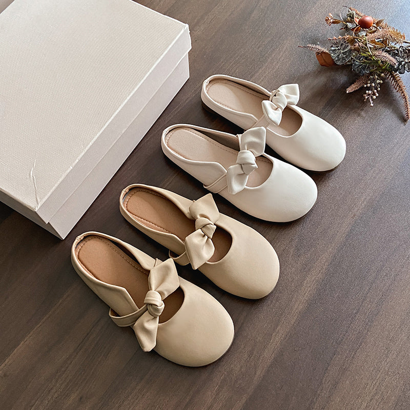 Women Gentle Girly Big Satin Bow Backless Mule Flats Matching Daily