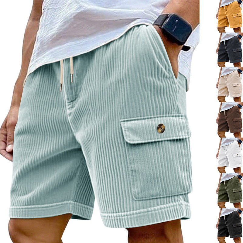 Été Corduroy Multi-Pocket Cinq points Short sport homme Dentelle-Up Casual Voiture de couleur solide
