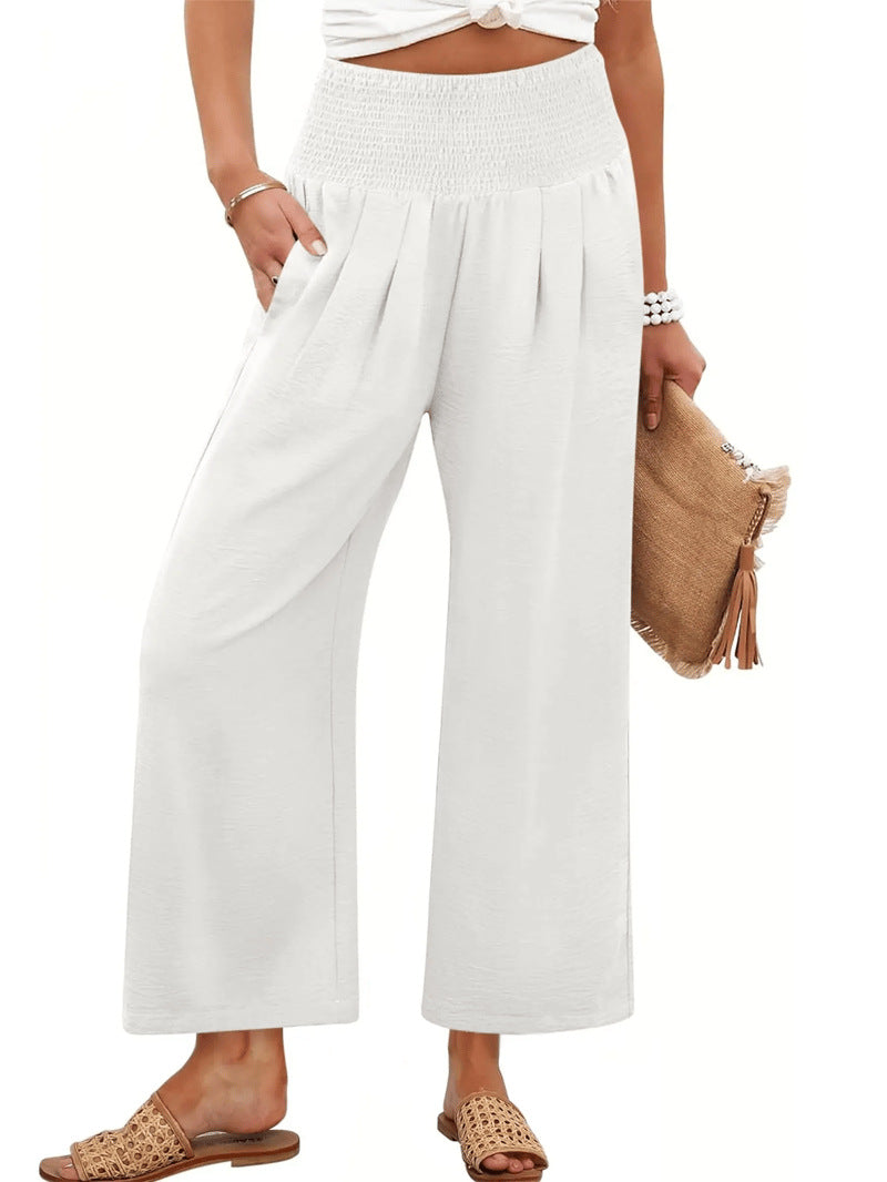 Printemps et automne Couleur solide Pantalons de femmes broyés haute taille taillés droit-leg Casual