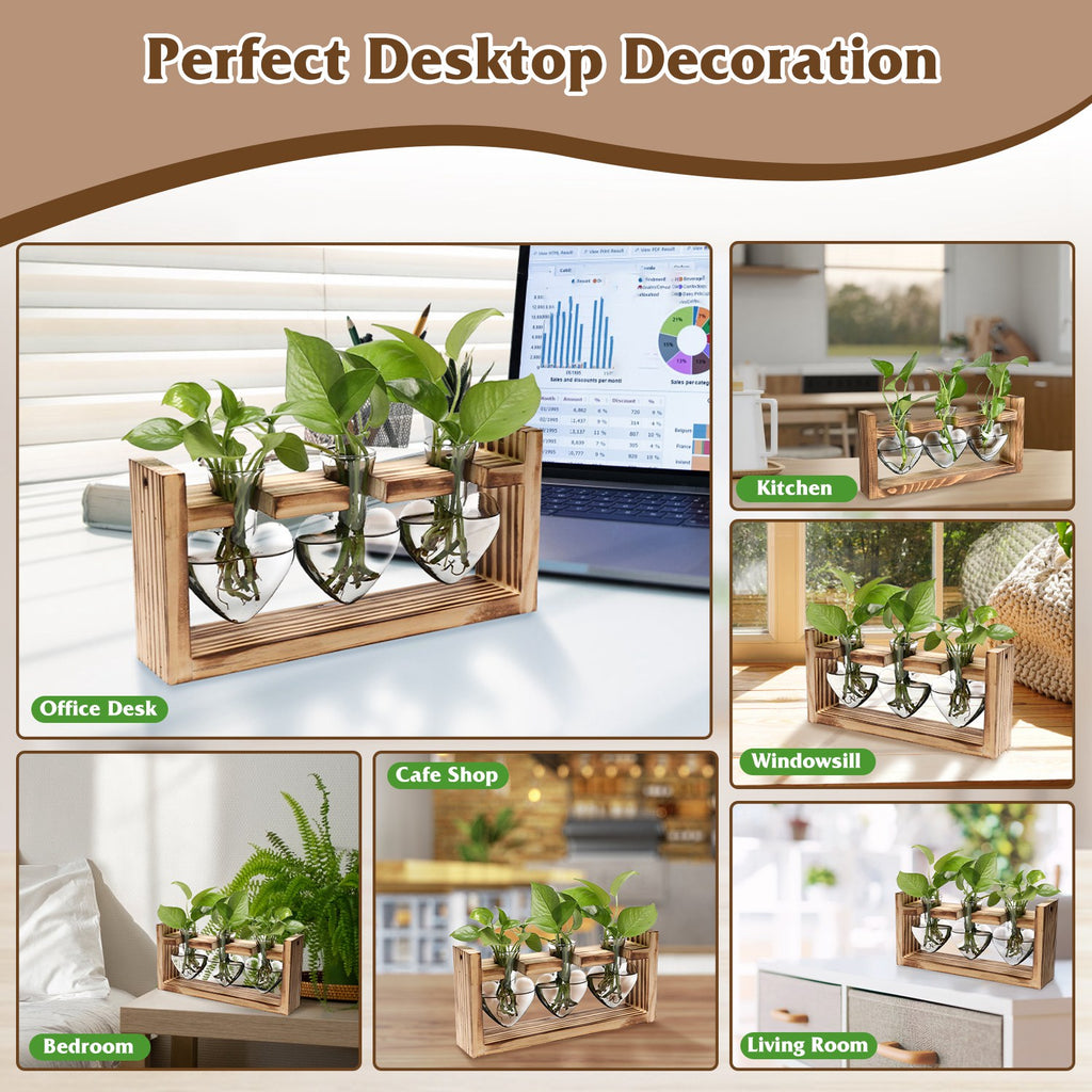 1Pc Station de propagation du terrarium avec 3 vases en forme de coeur Support en bois Bureau Air