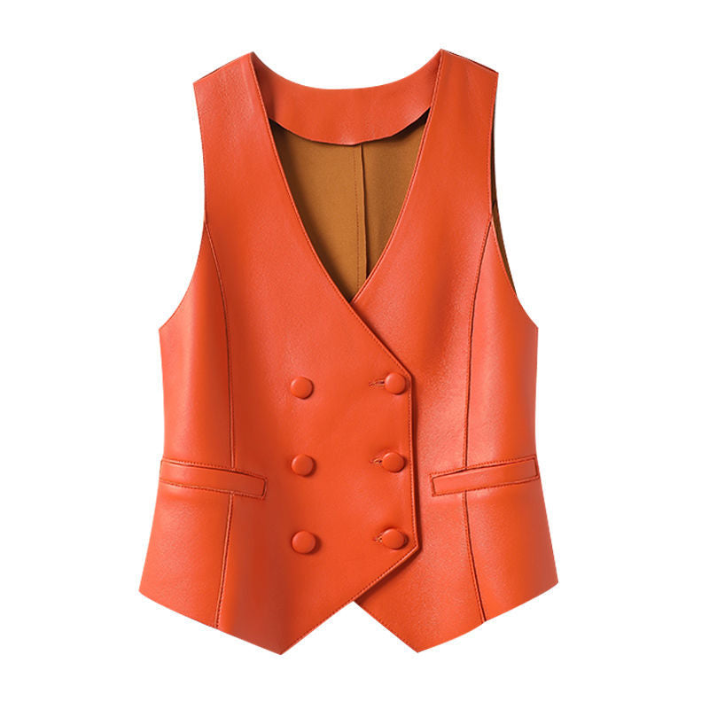 Cuir Coat Western Style Double Breasted Vest Short Slim Fit Slimming