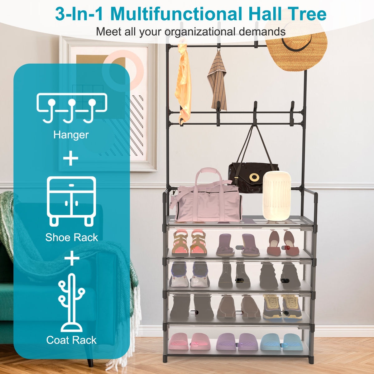 1Pc 5plus résistant à la poussière Hall d'entrée Tree Rack Rack de chaussures avec 8 crochets amovibles Freestan