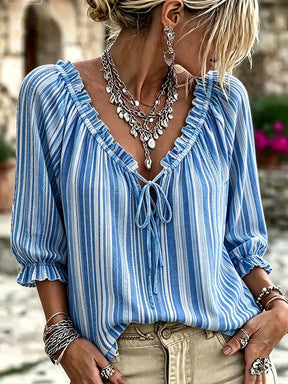 T-shirt V-Neck à manches rayées imprimé pour femmes