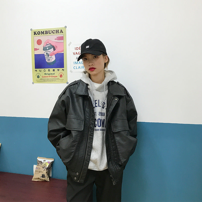 Veste de style Ins Hong Kong pour femme en cuir rétro