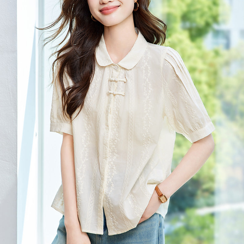 Embroidered Apricot Short Sleeve Shirt with Knots and Buttons