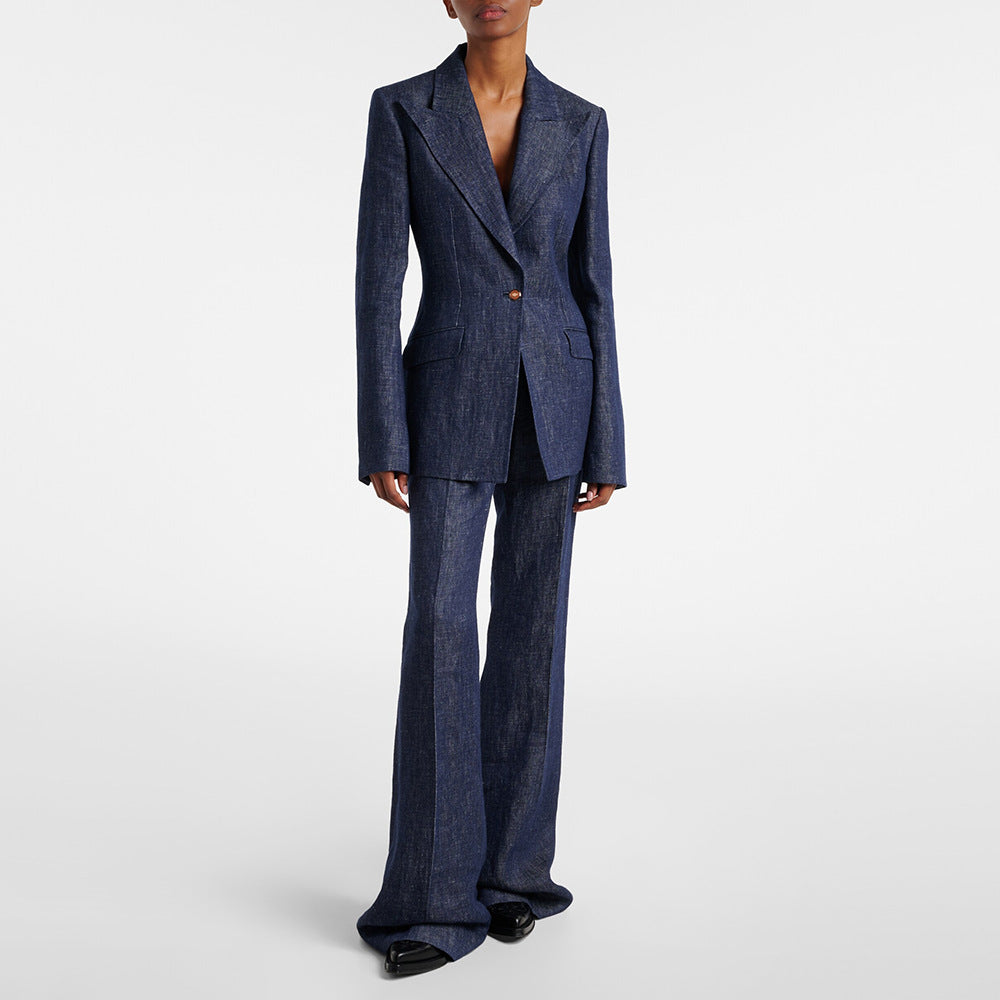 Pantalon texturé à simple bouton Peak Lapel Blazer & High Waist Flared Floor-Length Pantalons à deux pièces