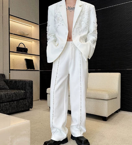 Pearl Strass Epaule Pad blanc costume pour les hommes avec une sensation de détente