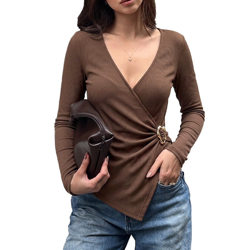 Top à manches longues en col V pour femmes à boutons métalliques