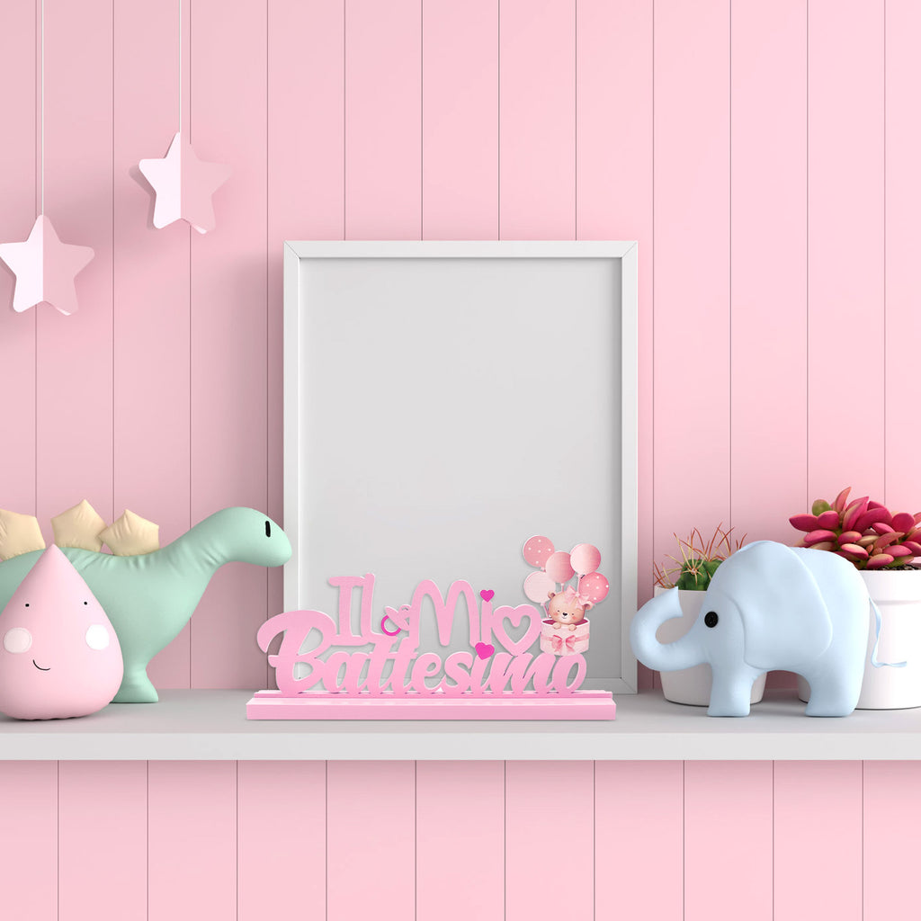 Décoration en bois pour le baptême rose – Élégante pièce en bois rose pour le baptême festif