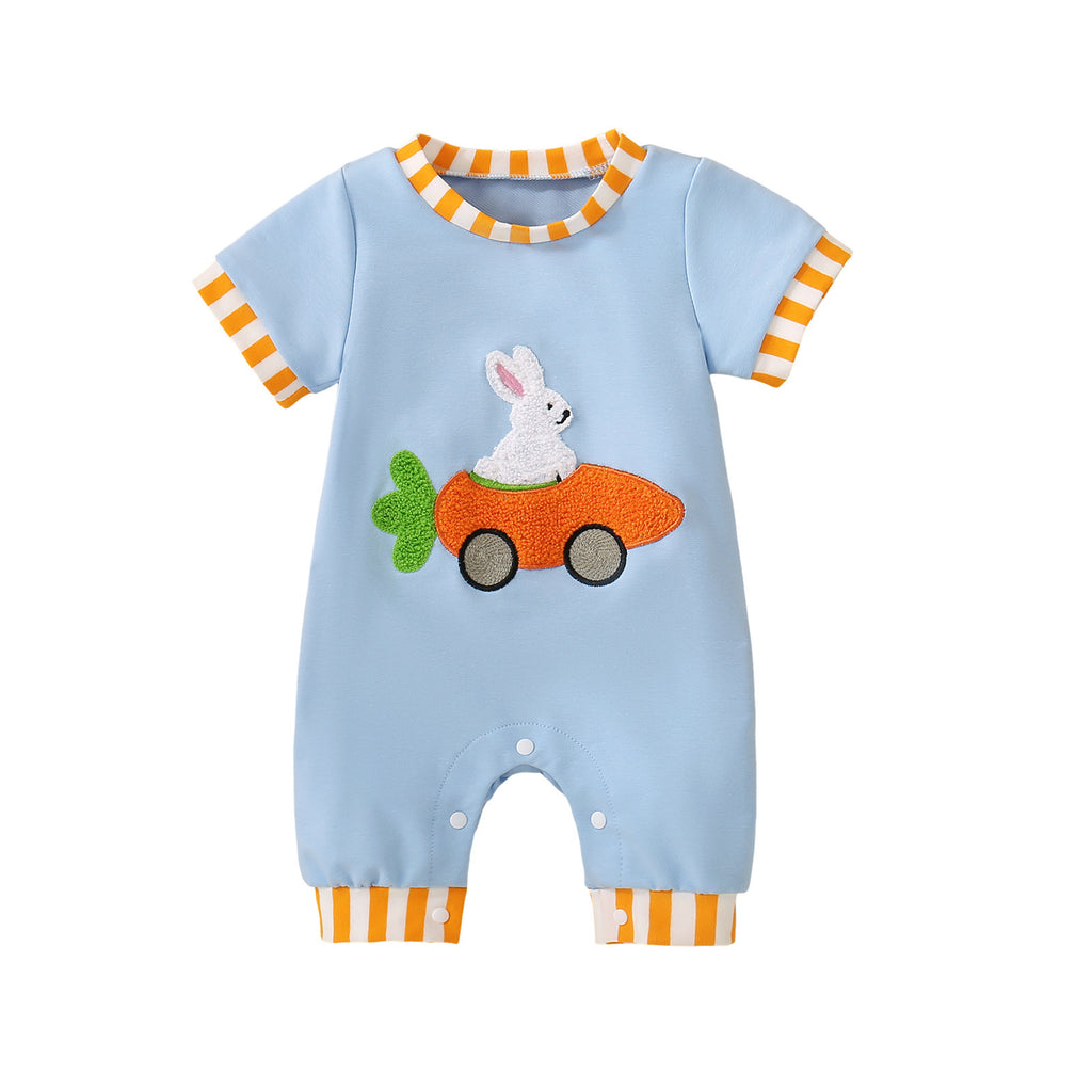Baby short-sleeved bodysuit Light blue with rabbits and carrots