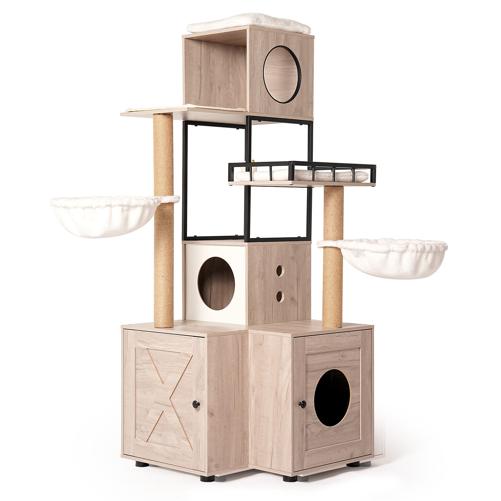 Arbre à chat multifonctionnel de 63" avec boîte à litière - Comprend un coussin lavable amovible