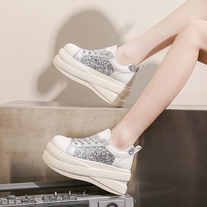Femmes Glitter Sequin Panel Platform Sneakers Faux Cuir Multi Layer Épaisseur Dentelle C