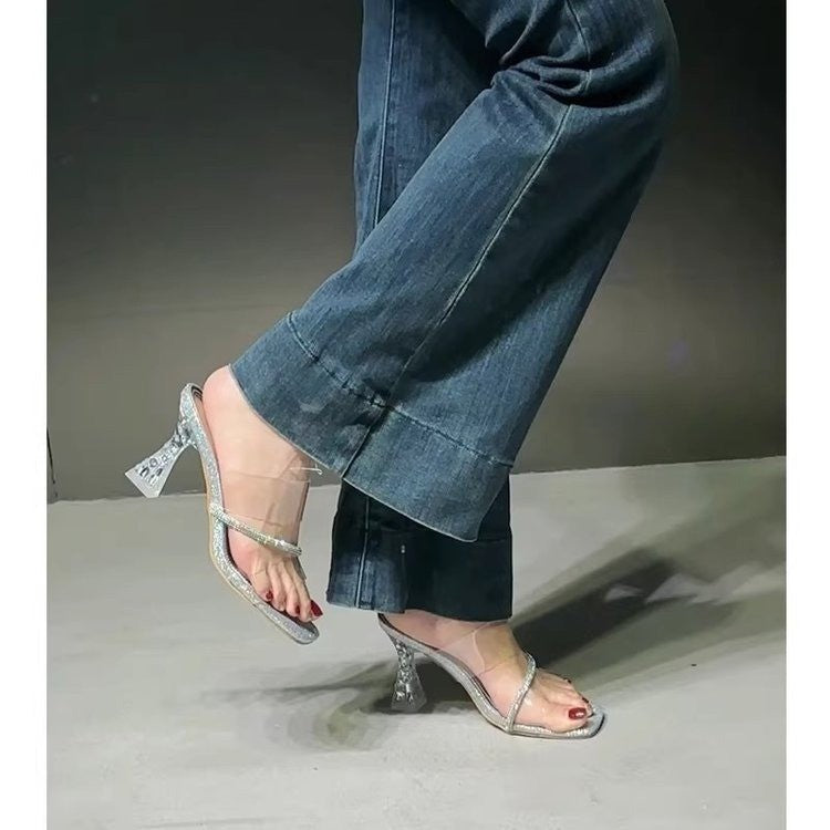 Style Fée Élégant Été Haut Talons Square Toe Strass Diapositive Sandales Ouvert Toe Versati