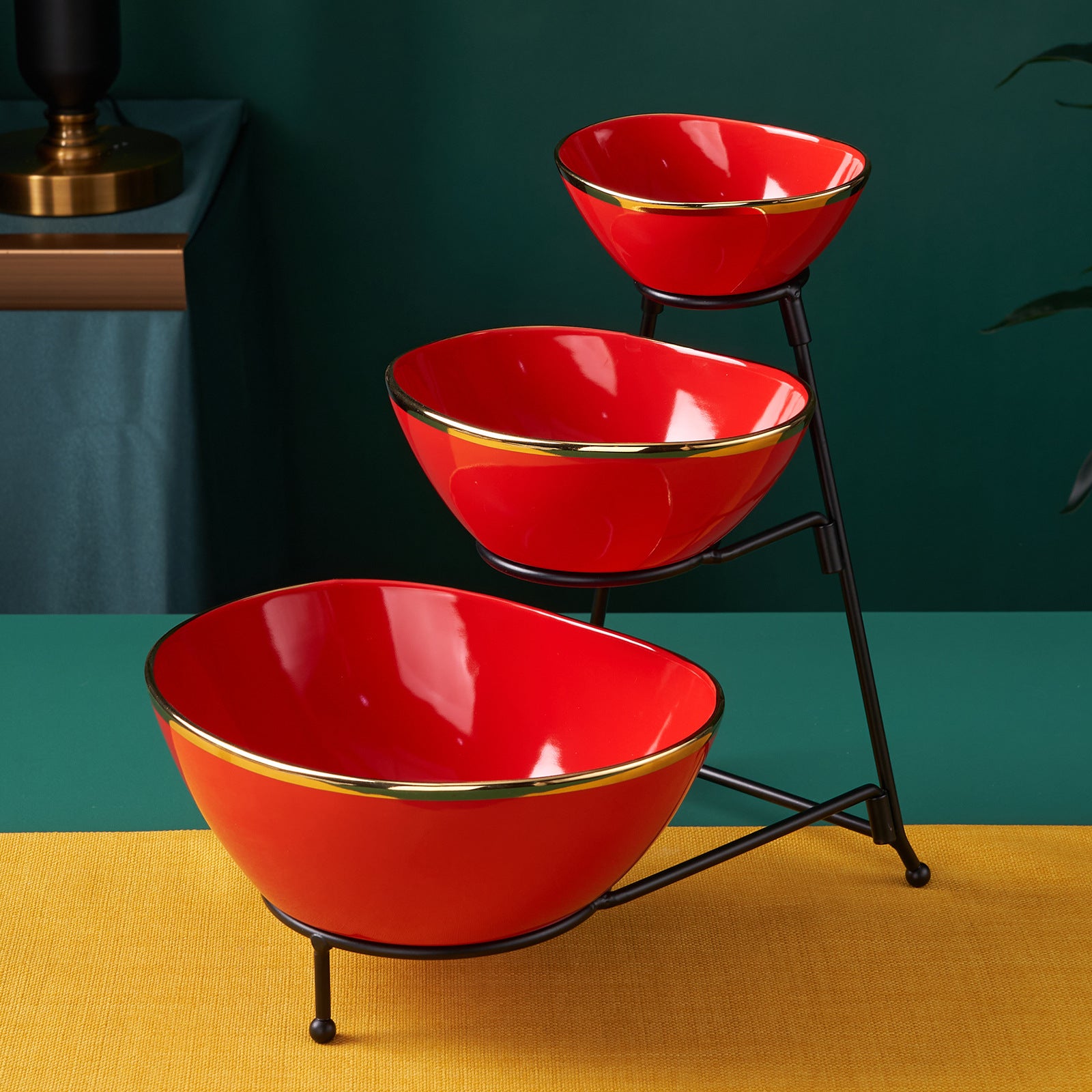 Plateau de fruits en forme de lingot en céramique léger à trois étages pour la maison et le bureau utilisation or-tri