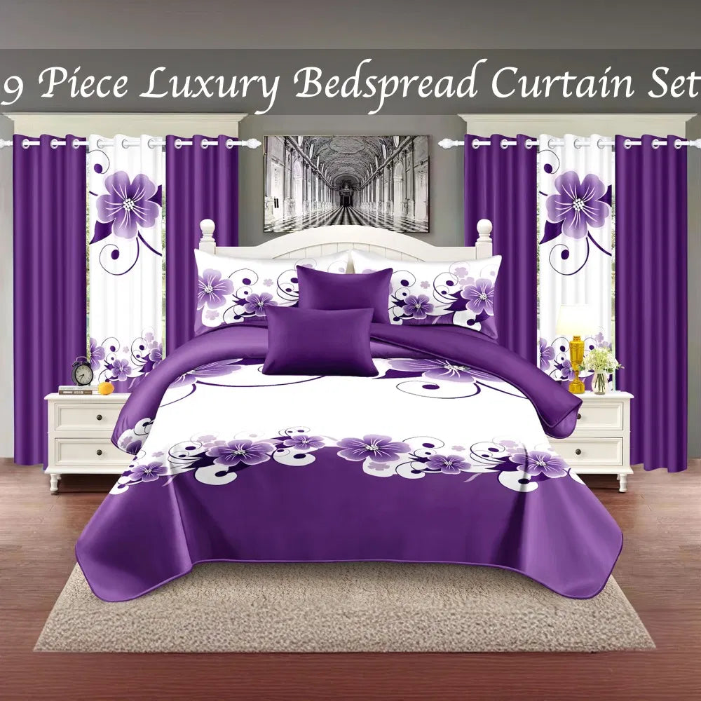 Ensemble de lit et de rideau floral pour 9 pieces (Queen/King/Cal King) - Lit en microfibre matelassé