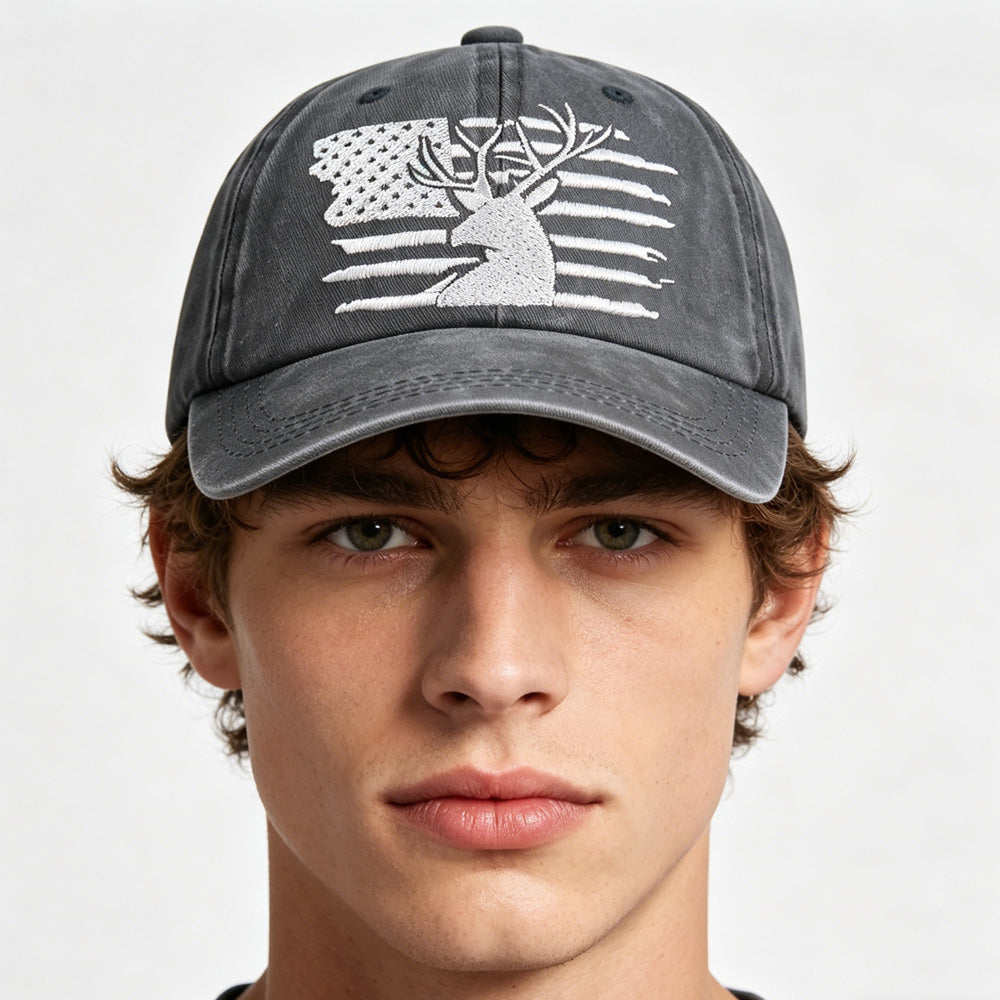 2pcs American Flag Deer Embroidered Baseball Cap - Vintage Washed Cotton Hat
