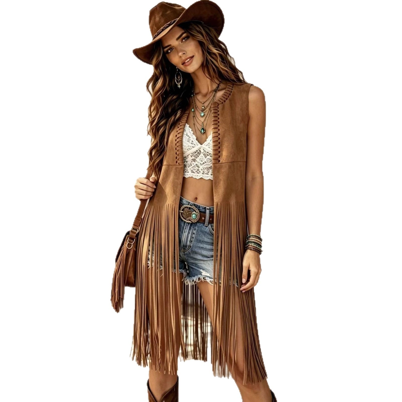 Vintage Suede-velvet Cape Sleeveless Tassel Vest Cardigan manteau pour femmes