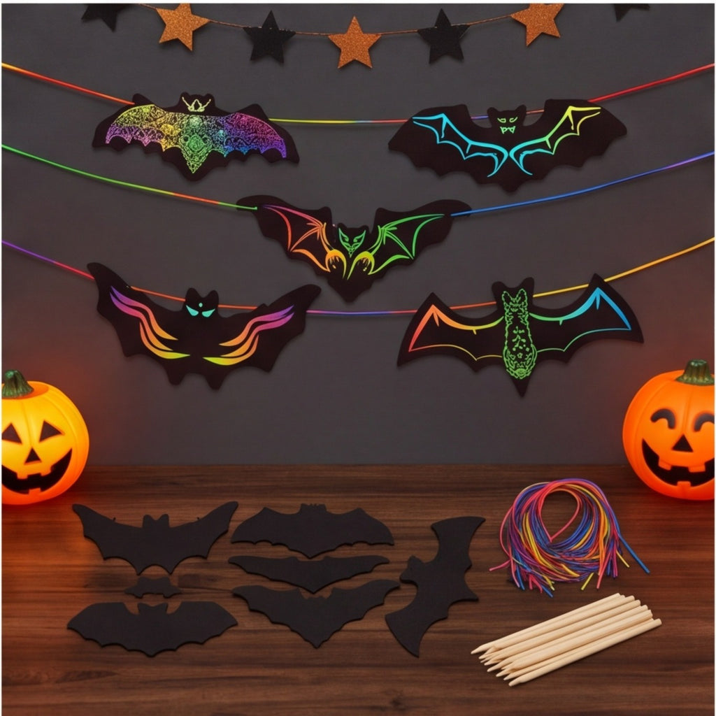 Set of 50 Halloween Bat Scratch Art Images for Creative Crafts and Party Decorations