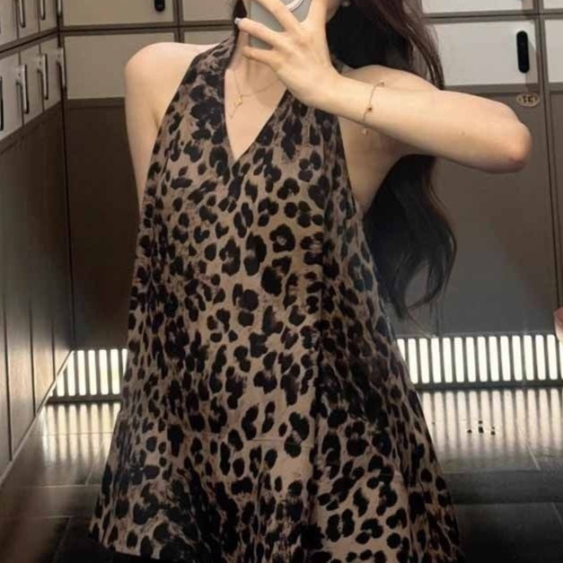 Sexy Alluring Leopard-print Col V Sans manches Halter Top