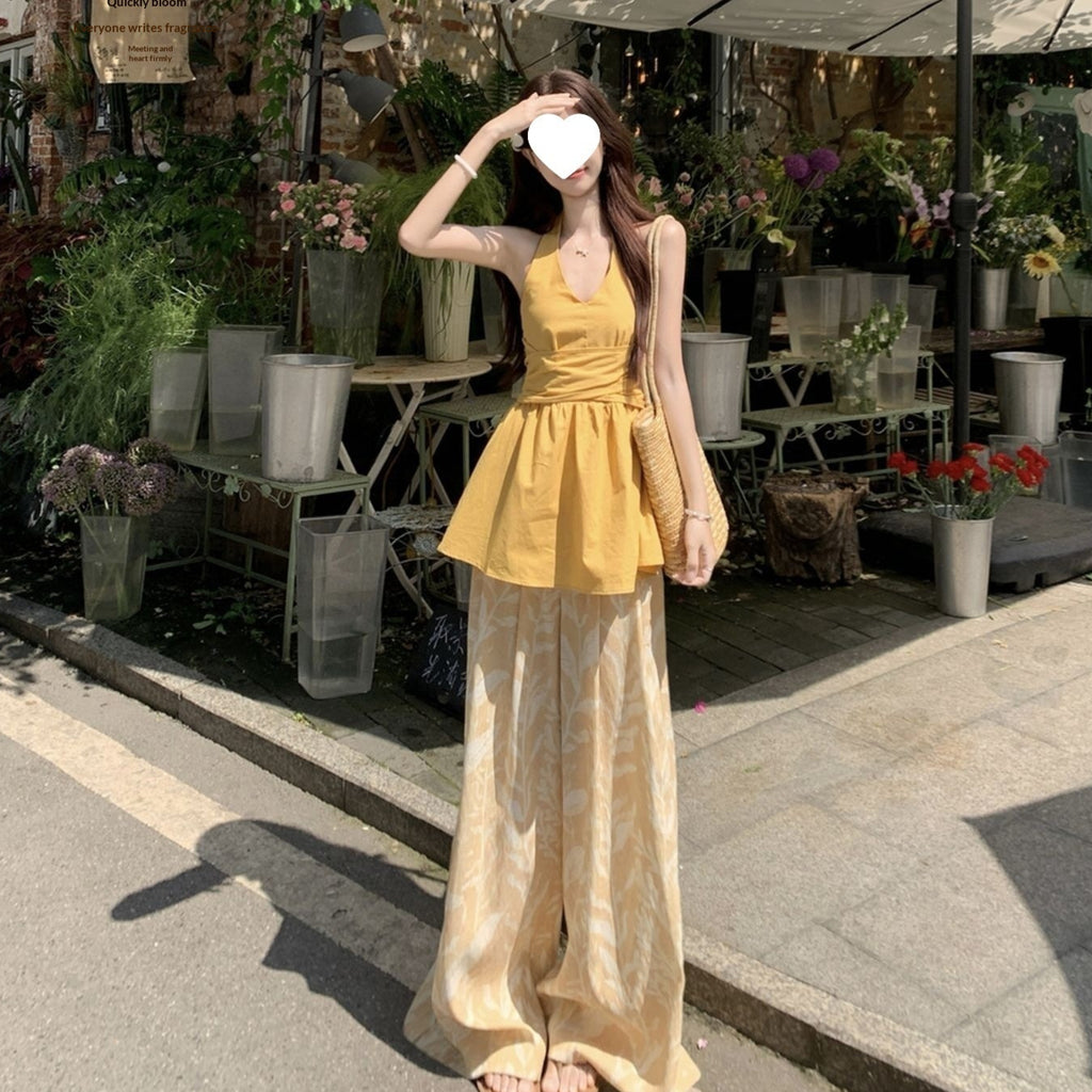 Pantalon d'été bi-pièces à deux manches à cintre jaune