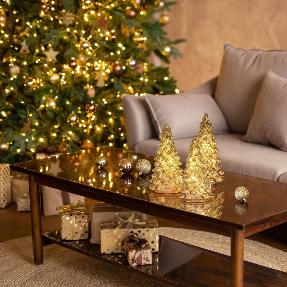 Figurine d'arbre de Noël en verre éclairé avec minuterie de 3 décorati de Noël en verre de mercure