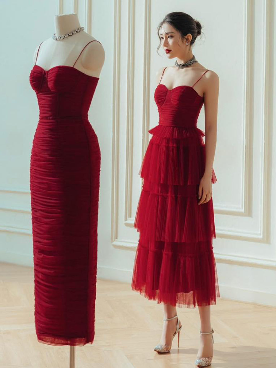 Suspender Étaler la poitrine Tempérament rouge foncé flottant petite robe longue jupe