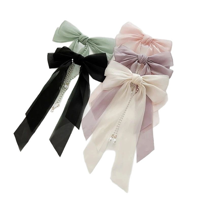 Ethereal Bow Pearl Tassel Clip Cheveux Femmes Ribbon Updo Élégant ressort Clip Cheveux Accessoire
