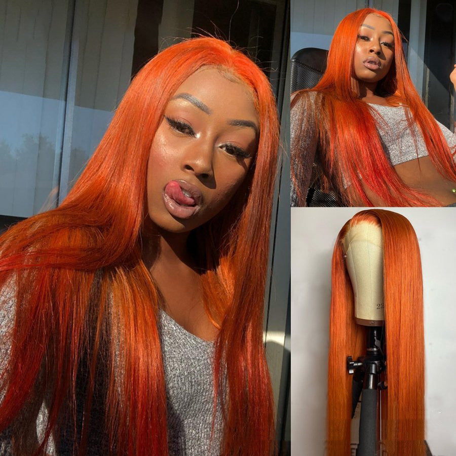 Perruque sans fil de fibre chimique longue droite orange Split