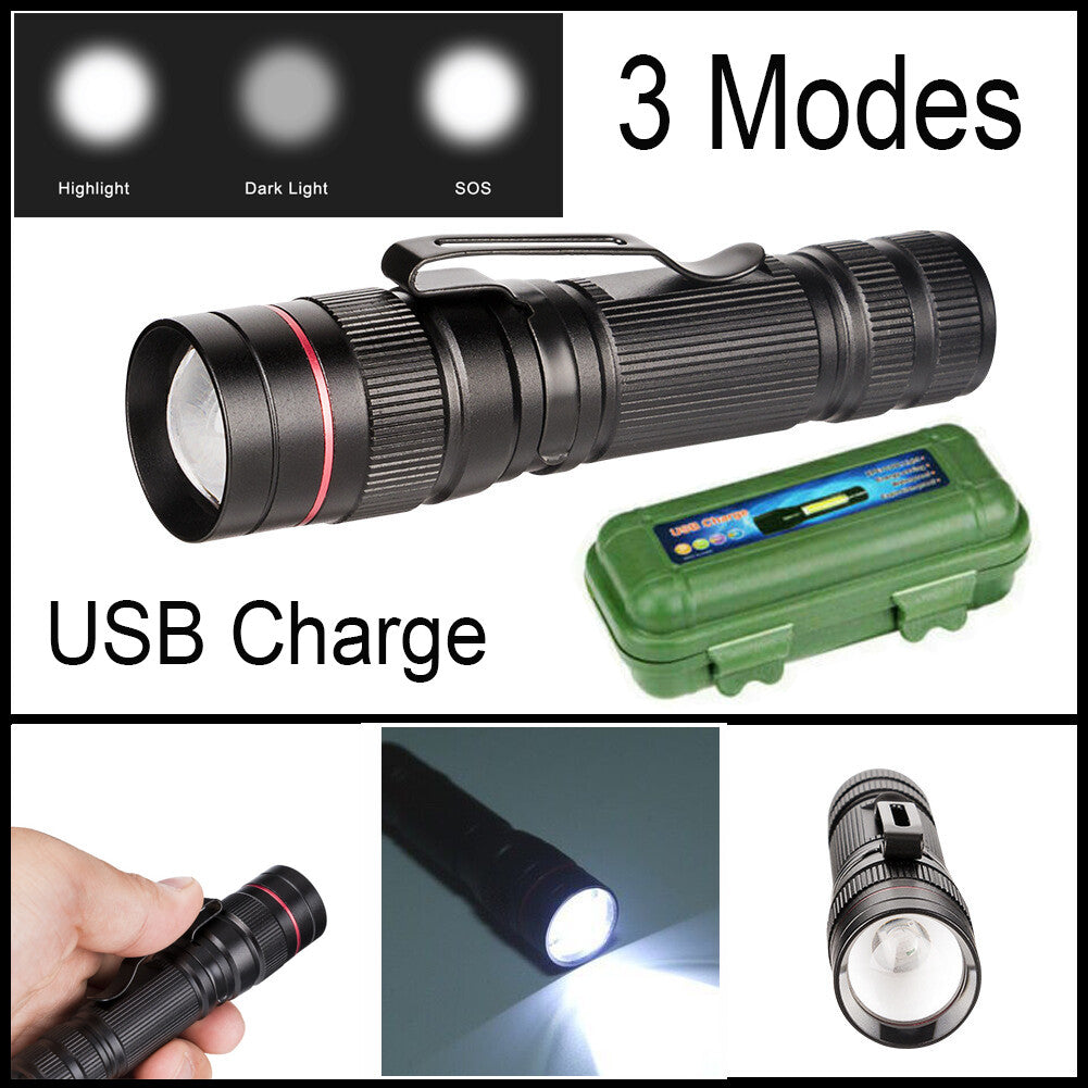 USB Rechargeable LED Flashlight Tactical Zoom Torch Most Powerful Mini Penlight