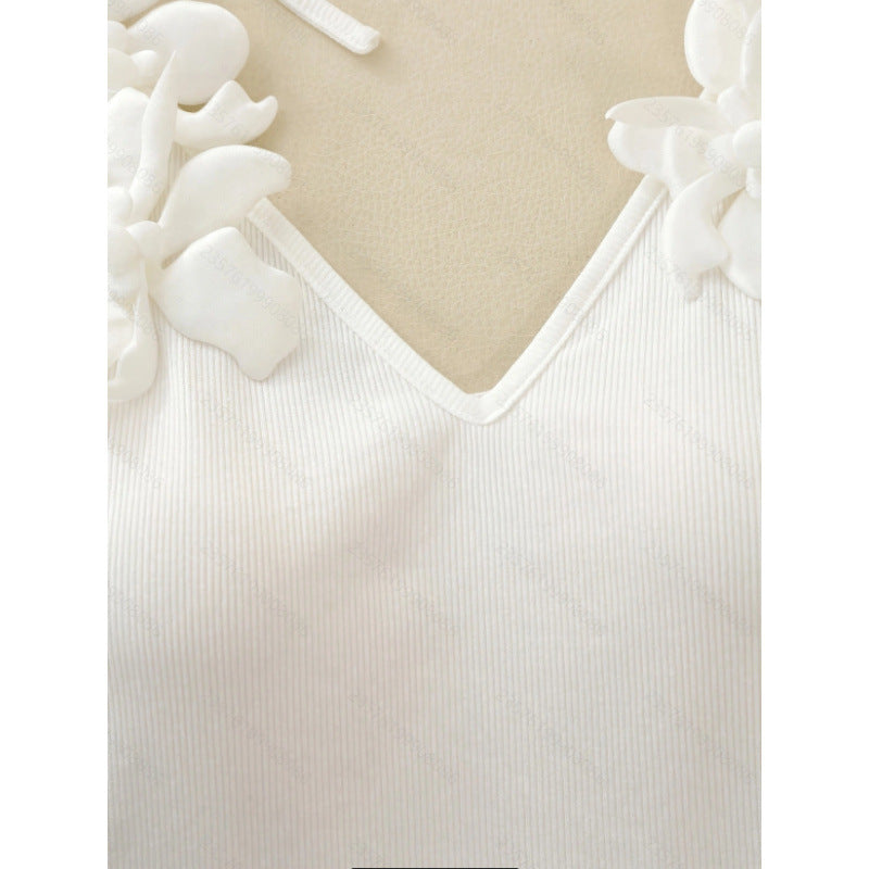 Veste tricotée couleur unie avec détails de dentelle florale 3D - Slim Fit Croch sans manches pour femmes