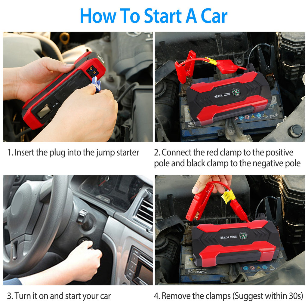 Auto Jump Starter Booster 800A Peak 28000mAh 12V Chargeur de batterie jusqu'à 6,0L Gaz ou 3,0L Die