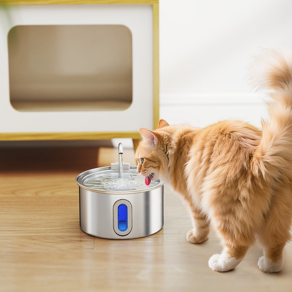 Fontaine d'eau de chat en acier inoxydable 2,5L avec fenêtre de niveau d'eau de pompe ultra silencieux et 7 fils