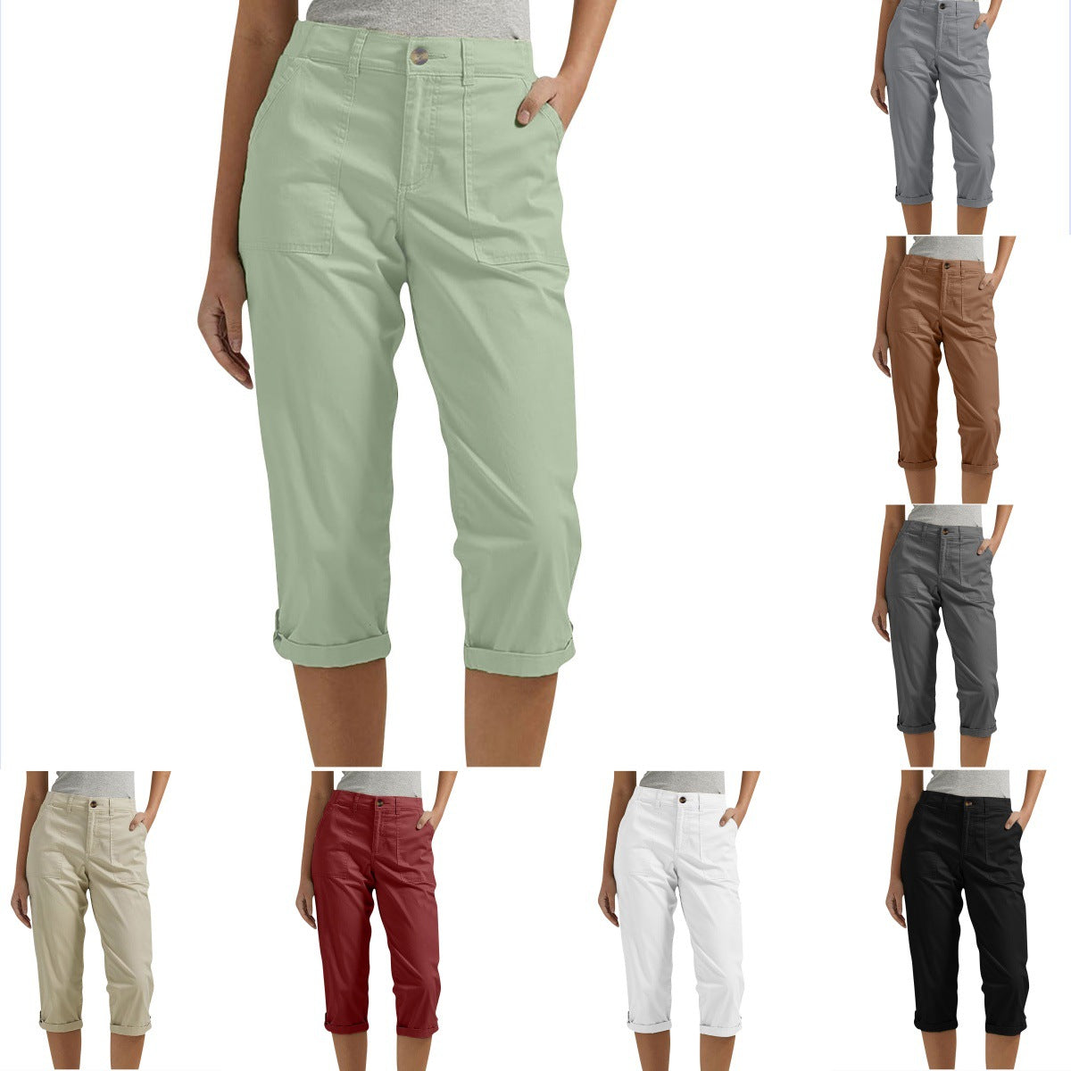 Vêtements de travail en couleur solide pour femmes Pantalons taille bouton Pantalons oreille Design Pantalons de jambes courbés pour femmes